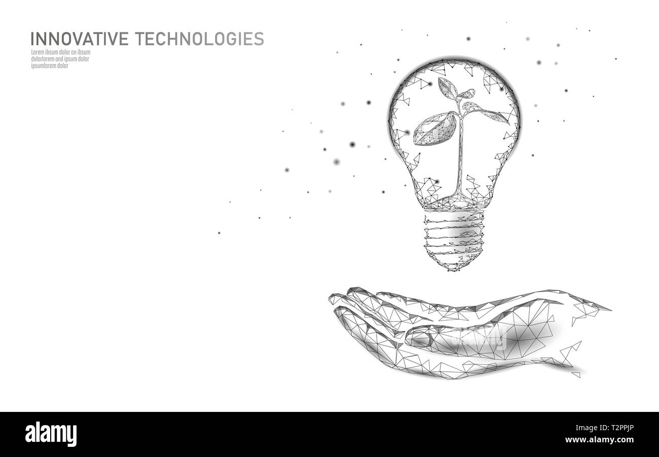 Hand mit Licht Lampe Leuchte spart Energie ökologie Konzept. Polygonal blau sprießen Kleine Pflanze Sämling im Inneren Strom green energy Power banner Ve Stock Vektor