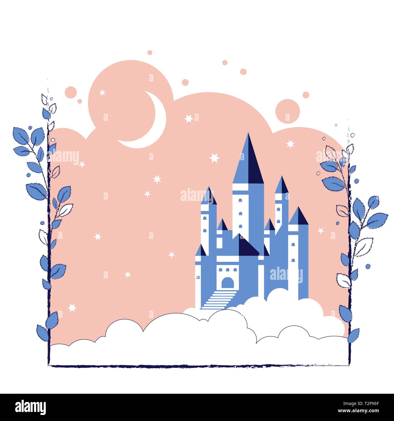 Schloss im Mondlicht in den Wolken. Vector Illustration für Kinder Märchen Buch. Stock Vektor