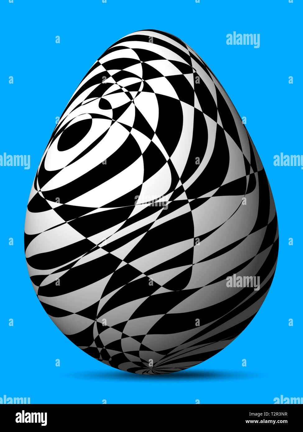 Schwarze und weiße geniale bemalte Eier von unterschiedlichen chaotischen Formen und Linien, 3D-Rendering auf Chroma Key Stockfoto