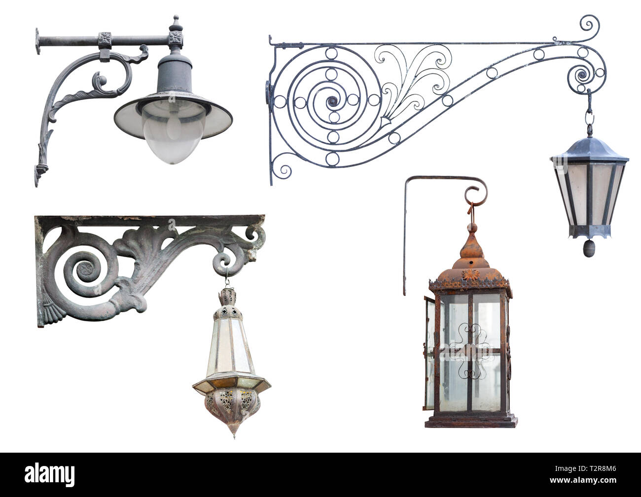 Satz von alten Vintage rusty Straße Lampen und Laternen auf weißem Hintergrund, Frontansicht echten Bildersammlung Stockfoto