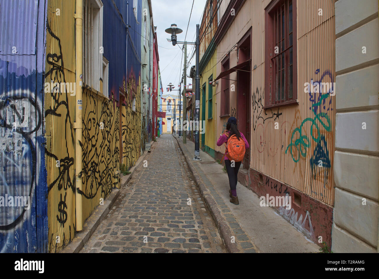 Farbenfrohe Architektur und Kunst im UNESCO Weltkulturerbe Valparaiso, Chile Stockfoto