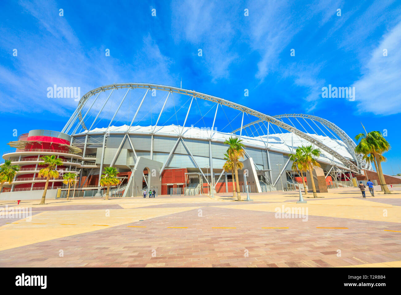 Doha, Katar - 21. Februar 2019: Khalifa National Stadion das Stadion von Katar in Aspire Park, wird Gastgeber der WM 2022. Endlich ein abgeschlossen Stockfoto