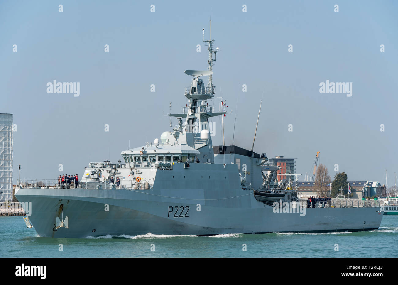 Die britische Royal Navy offshore Patrol Schiff HMS Her (P222) aus Portsmouth Harbour, UK am 1. April 2019. Stockfoto