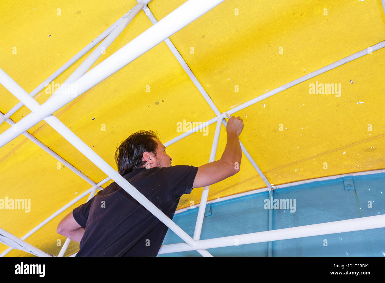 Miami Beach Florida, Malerei, Erwachsene Erwachsene Männer Männer männlich, Metall Markise, die, Verbesserung, Arbeiter, Arbeiter, kleine Pinsel, Besucher reisen Reise Tour t Stockfoto