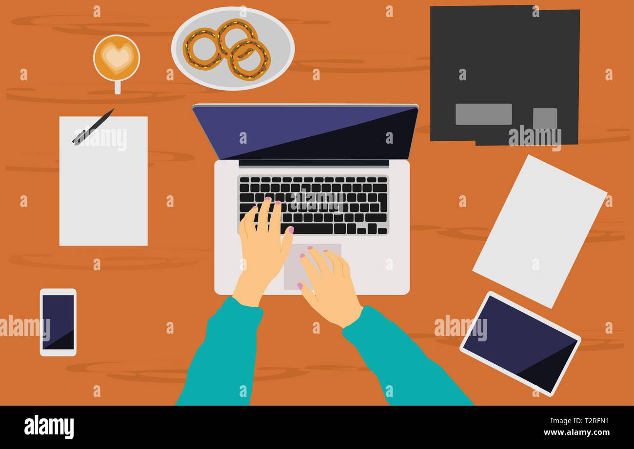 Die Hand einer Frau arbeitet an einem Notebook auf einem braunen Holz- Schreibtisch platziert. Es gibt Telefone, Tablet, einem Dokument, Kaffeetassen, Donuts und als Hintergrund Stock Vektor