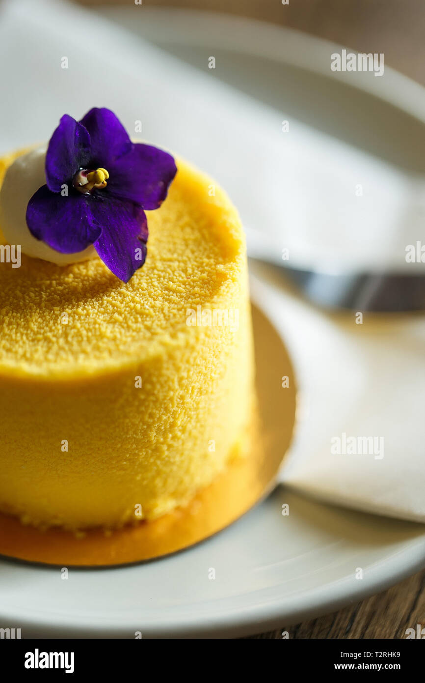 Köstliche Dessert mit Geschmack von Mango, mit violett eingerichtet Schuß schließen schließen. Dessert auf eine weiße Untertasse in einem Restaurant Stockfoto