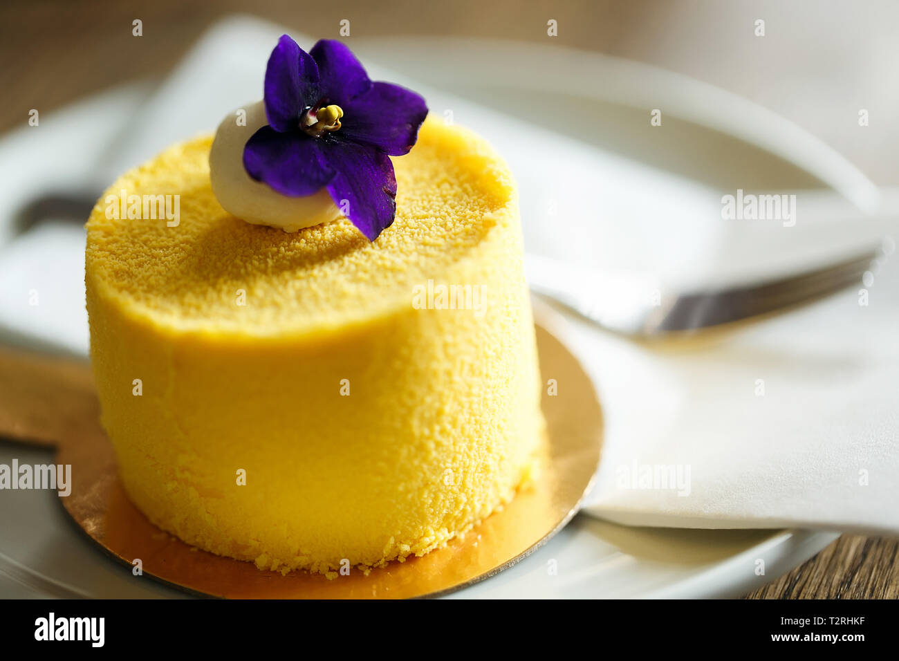 Köstliche Dessert mit Geschmack von Mango, mit violett eingerichtet Schuß schließen schließen. Dessert auf eine weiße Untertasse in einem Restaurant Stockfoto