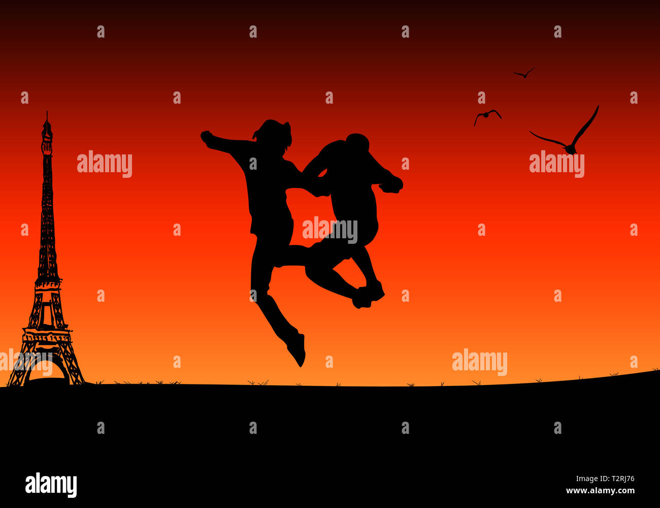 Ein paar Sprünge glücklich in den Sonnenuntergang. Im Hintergrund sehen Sie den Eiffelturm. Stockfoto