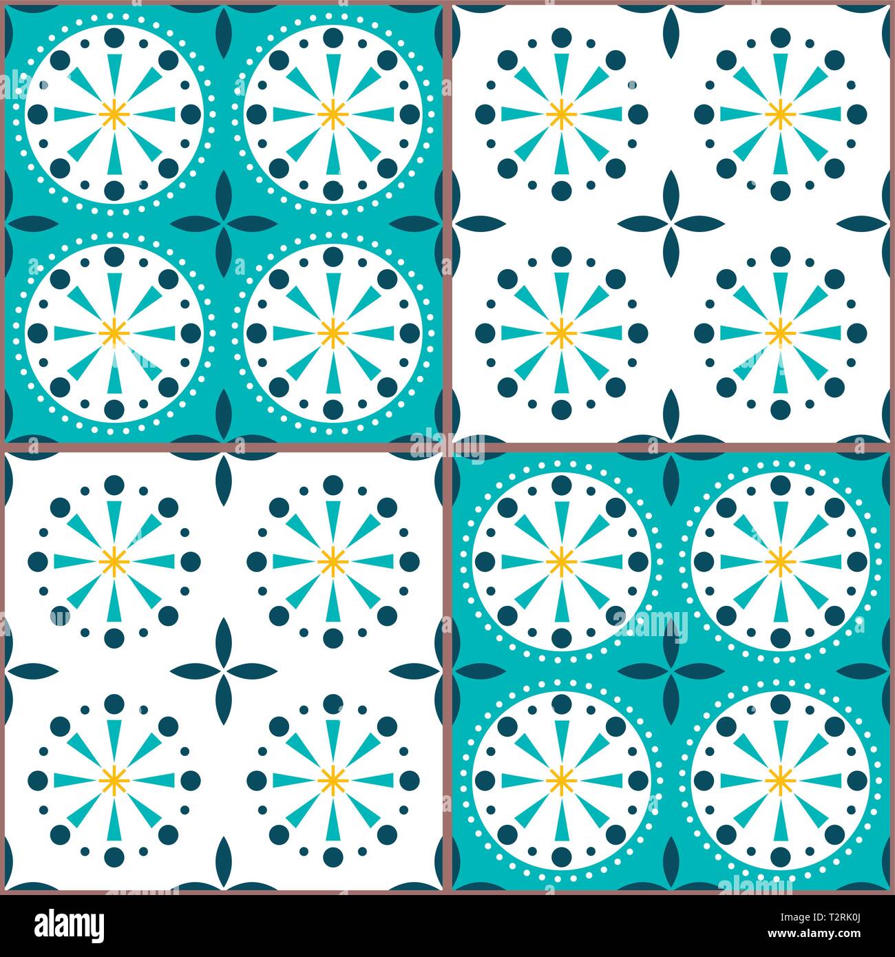 Spanischen oder portugiesischen Kacheln vector Pattern - Azulejos gefliesten nahtloses Design in Türkis und Gelb Stock Vektor