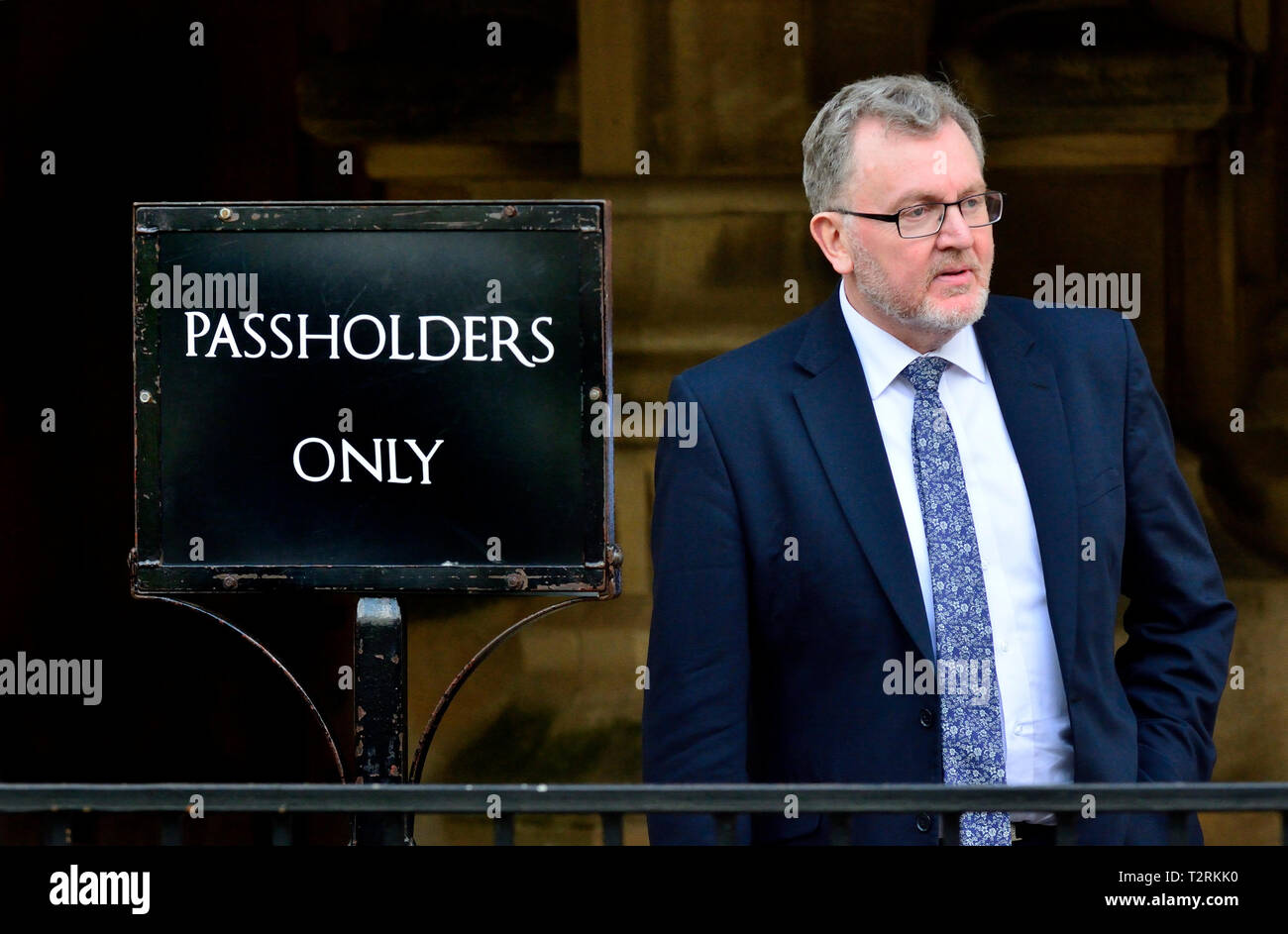 David Mundell MP (Con: Neu-isenburg, Clydesdale und Tweeddale) Minister für Schottland, außerhalb des Parlaments, April 2019 Stockfoto