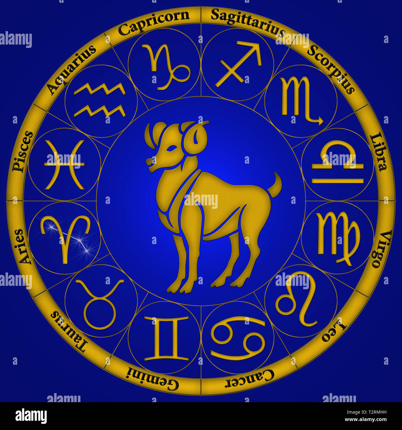 Sternzeichen als Golden Reliefs auf eine blau-goldenen Emblem Stockfoto