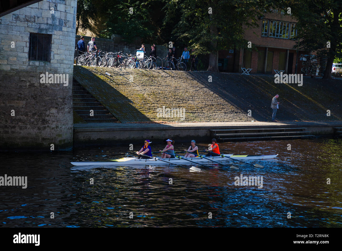 York, North Yorkshire. Vier Frauen in einer coxless 4 Boot auf den Fluss Ouse in York. Stockfoto