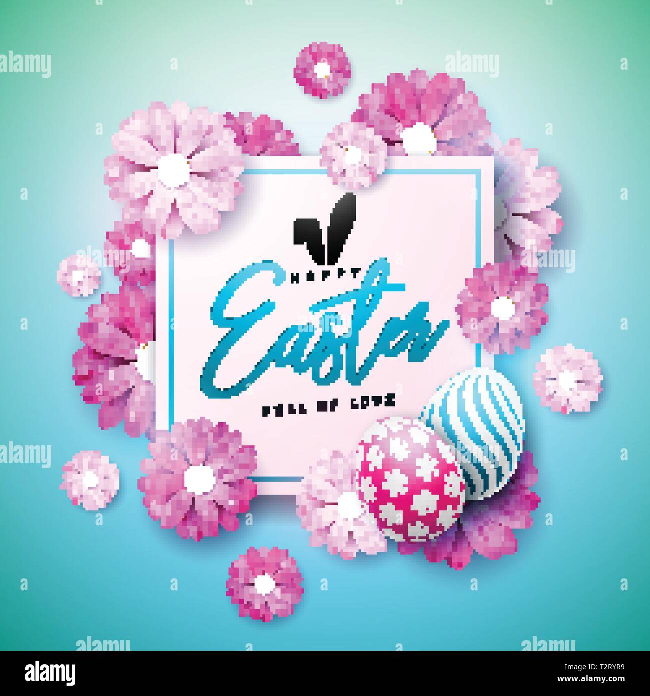 Frohe Ostern Urlaub Design mit bemalten Eiern und Spring Flower auf blauem Hintergrund. Internationale Vektor Feier Abbildung mit Typografie für Stock Vektor