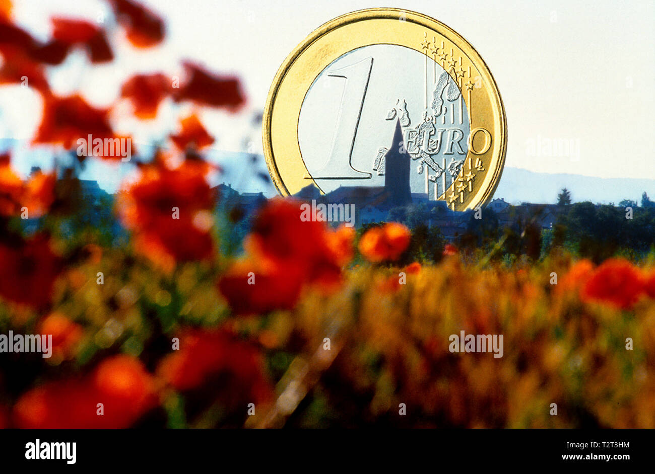 1 Euro Münze hinter einer ländlichen Landschaft mit einem Dorf (Konzept) Stockfoto