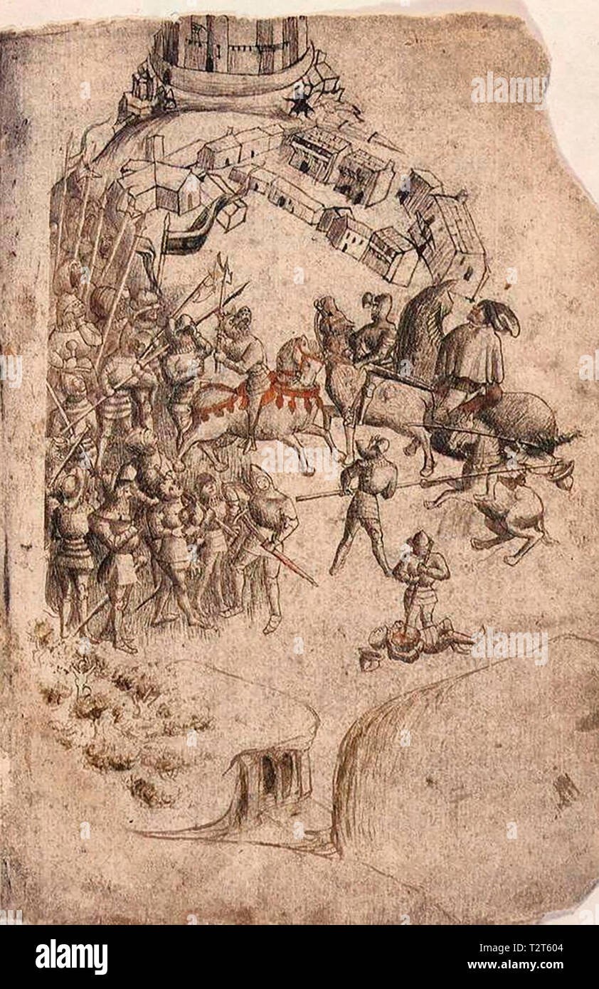 Eine Darstellung der Schlacht von Bannockburn aus einer 1440 s Manuskript von Walter Bower's Scotichronicon. Dies ist die früheste bekannte Darstellung der Schlacht. Stockfoto