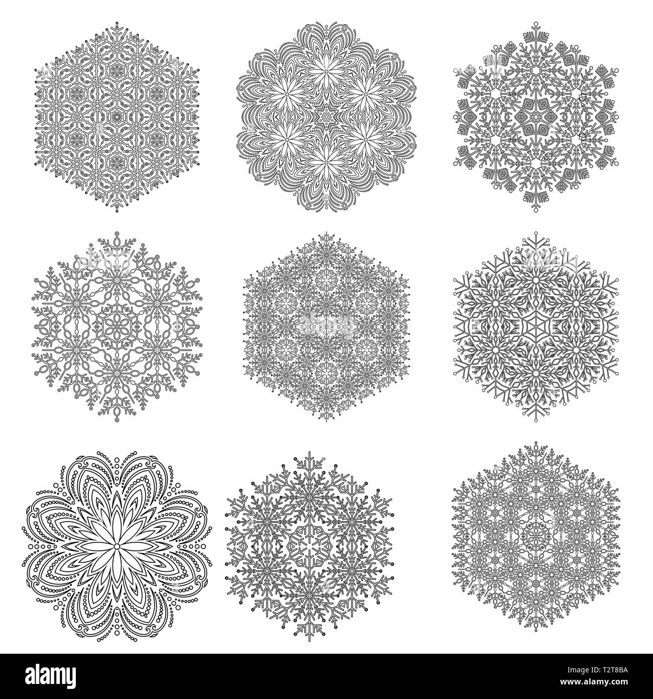 Satz von Schneeflocken. Schwarz und weiß winter Ornamente. Schneeflocken Sammlung. Schneeflocken für Hintergründe und Designs Stockfoto