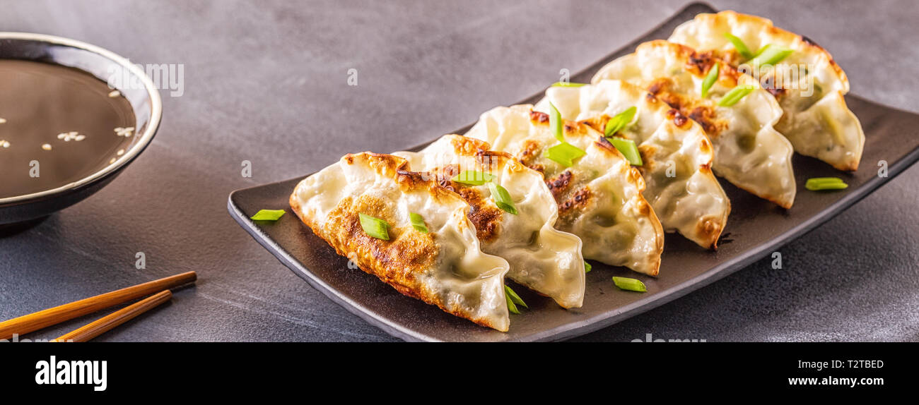 Gyoza oder Knödel Snack mit Sojasauce, selektiver Fokus, kopieren. Stockfoto