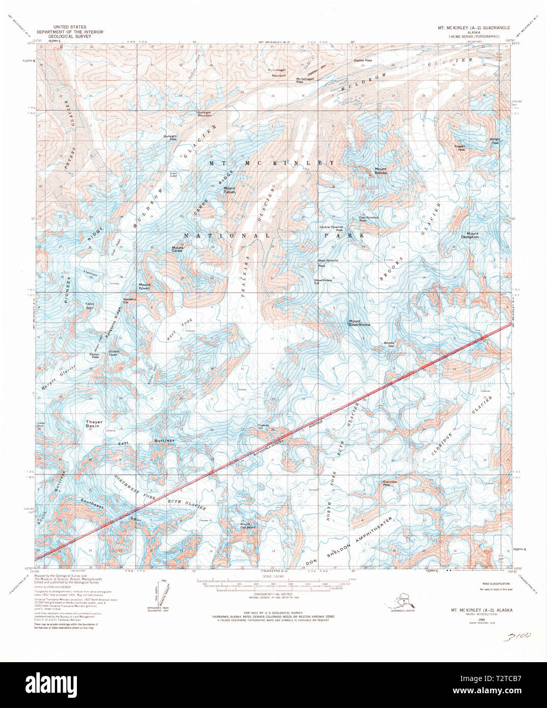 USGS TOPO Karte Alaska AK Mount McKinley A-2 357756 1954 63360 Wiederherstellung Stockfoto