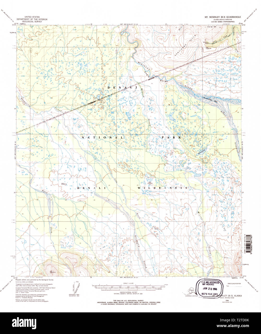 USGS TOPO Karte Alaska AK Mount McKinley B-3 357880 1954 63360 Wiederherstellung Stockfoto