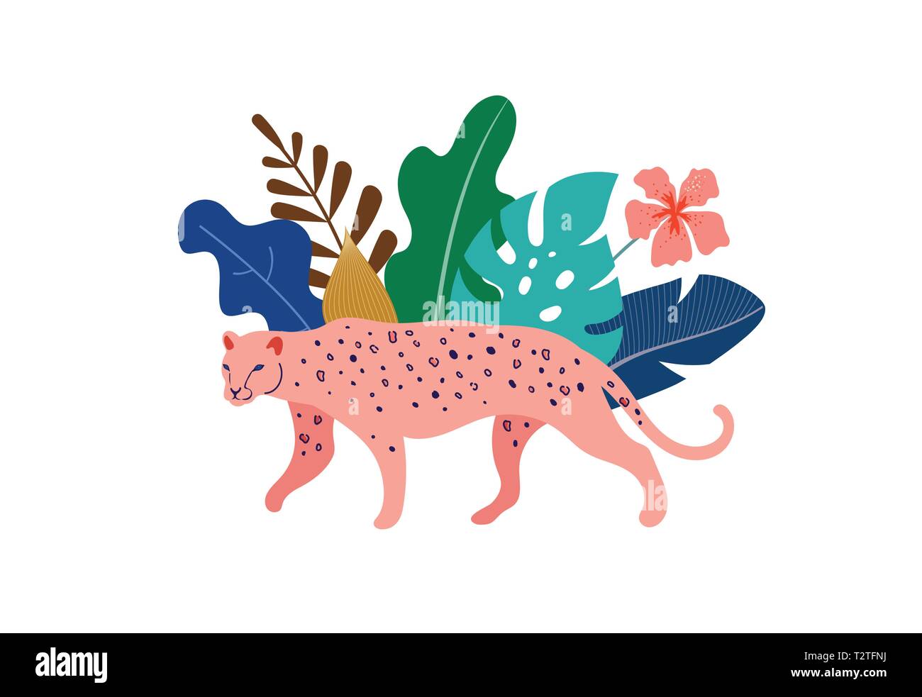 Tropische exotische Tiere und Vögel - Leoparden, Tiger, Papageien und Tukane. Wilde Tiere im Dschungel, Regenwald Vector Illustration Stock Vektor