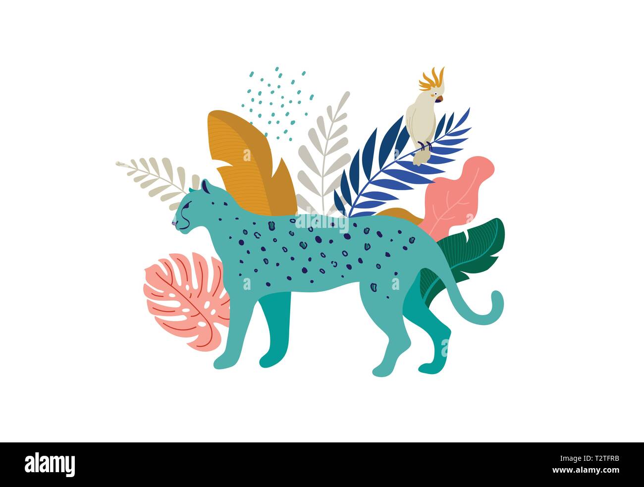 Tropische exotische Tiere und Vögel - Leoparden, Tiger, Papageien und Tukane. Wilde Tiere im Dschungel, Regenwald Vector Illustration Stock Vektor