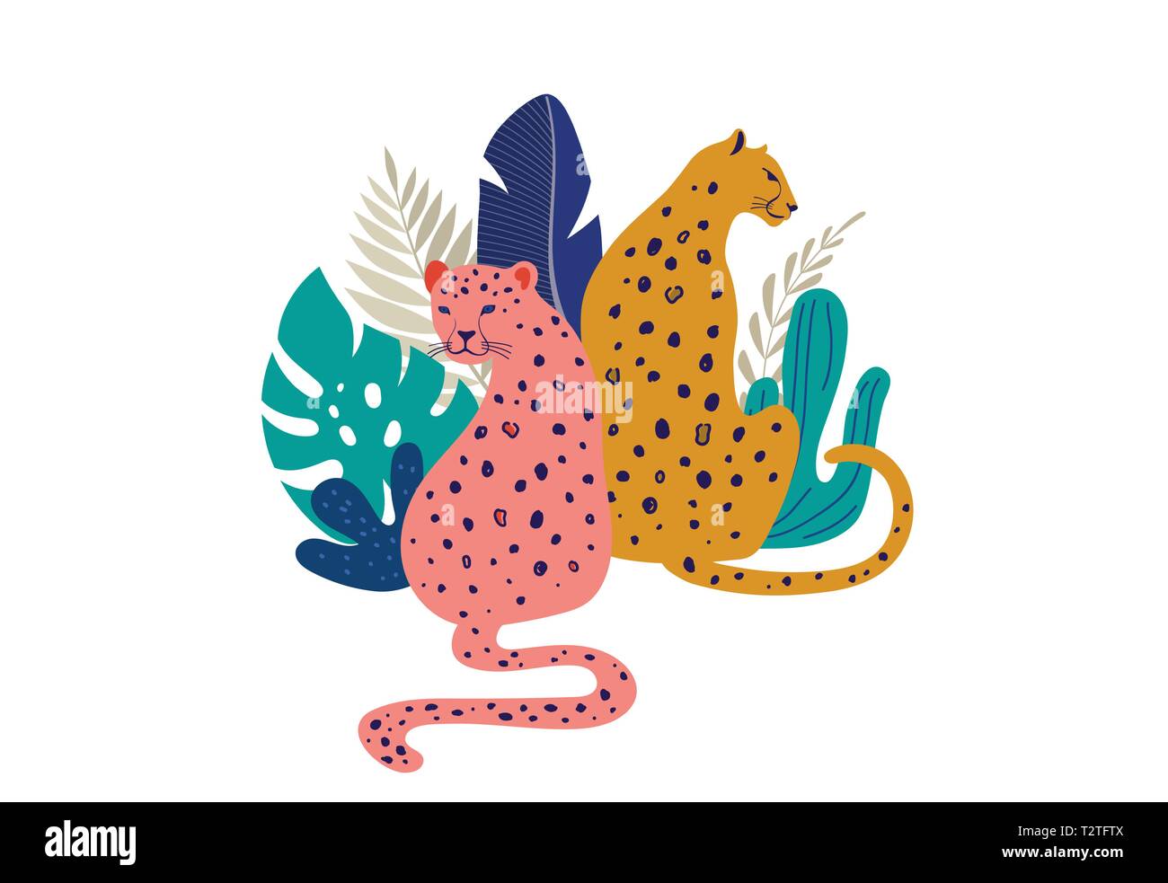 Tropische exotische Tiere und Vögel - Leoparden, Tiger, Papageien und Tukane. Wilde Tiere im Dschungel, Regenwald Vector Illustration Stock Vektor