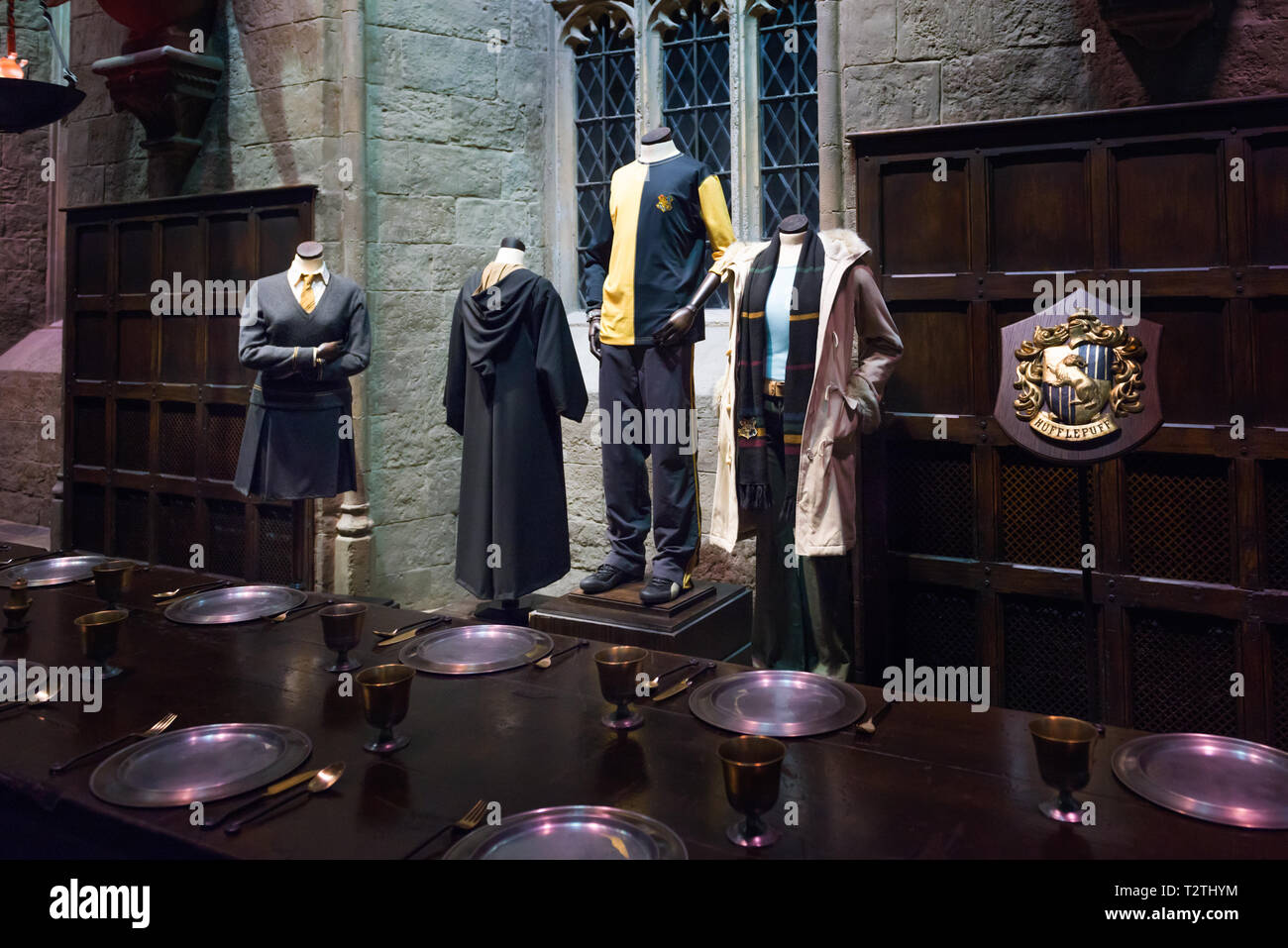 LEAVESDEN, UK - 24. MÄRZ 2017: Der Satz von der Großen Halle als Hogwarts. Die Halle ist an der Warner Brothers Studios und kann während des Th besucht werden Stockfoto