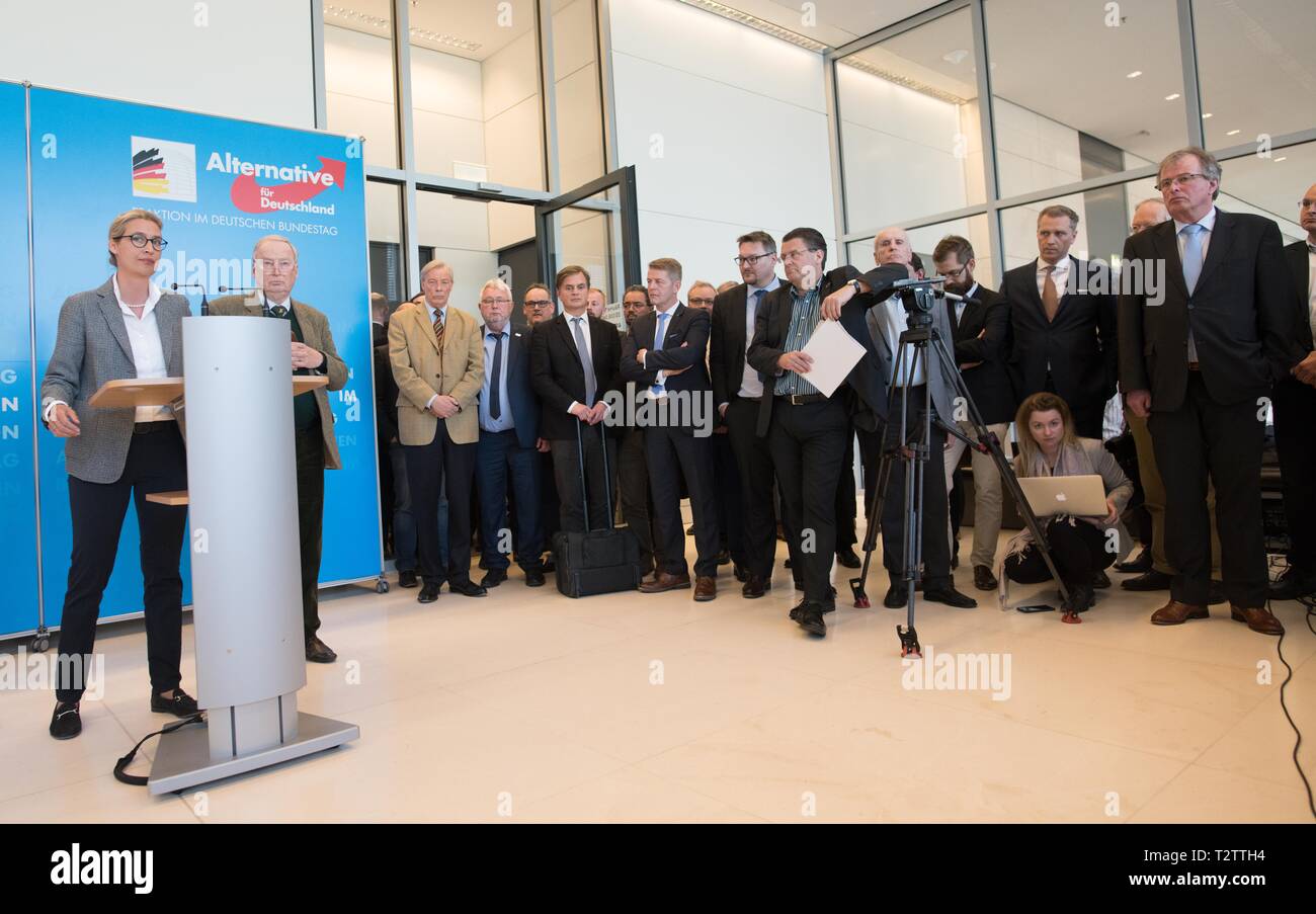 Berlin, Deutschland. 04 Apr, 2019. Alice Weidel und Alexander Gauland, die Führer der AfD parlamentarische Gruppe, wird eine Pressekonferenz nach dem gescheiterten Wahl von ihren eigenen Kandidaten für das Amt des stellvertretenden Präsidenten des Bundestages. Quelle: Jörg Carstensen/dpa/Alamy leben Nachrichten Stockfoto