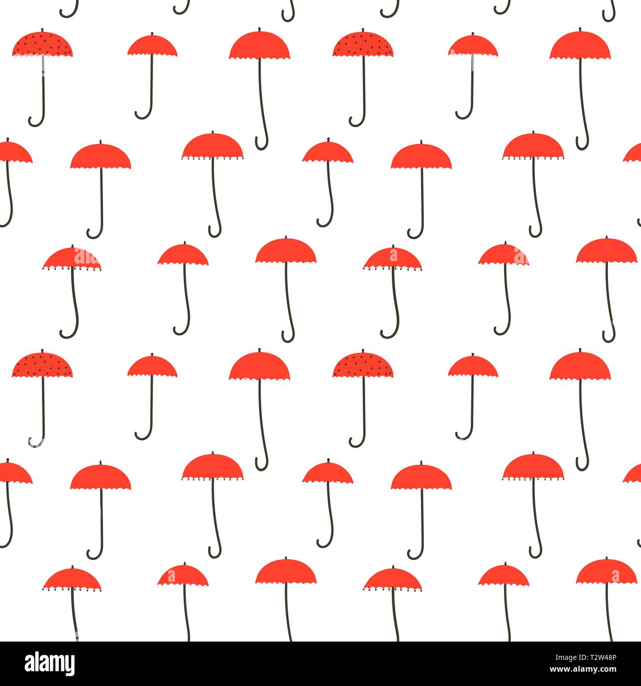 Regenschirme - nahtlose Muster. Kleine rote Schirme. Zeichnung im Stil der 60er Jahre. Hintergrund oder Textur für Gewebe, Papier, etc. Stock Vektor