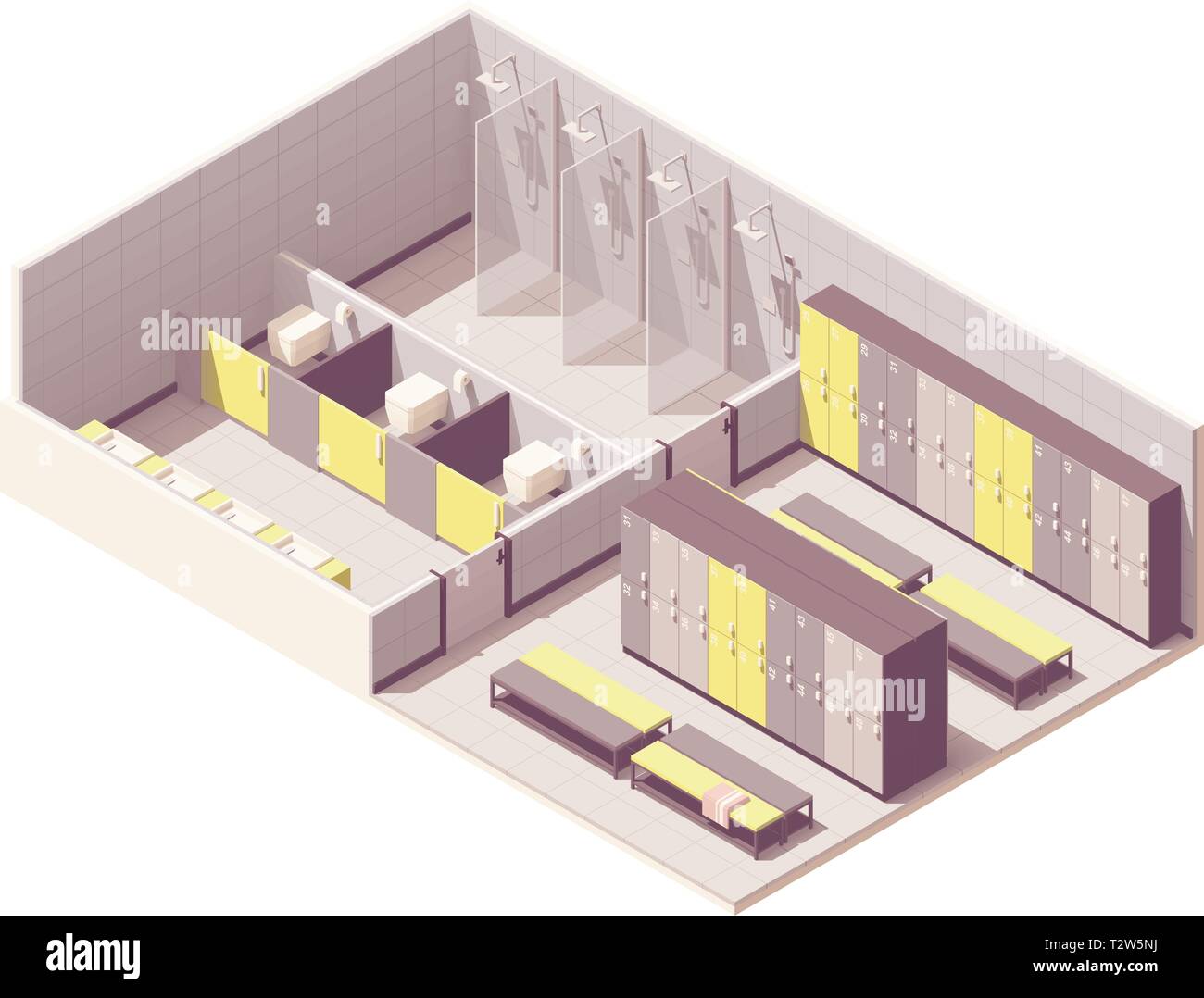 Vektor isometrische Schule oder Turnhalle Schließfachraum Querschnitt. Schließfächer, Bänke, Duschkabinen und Toiletten Stock Vektor