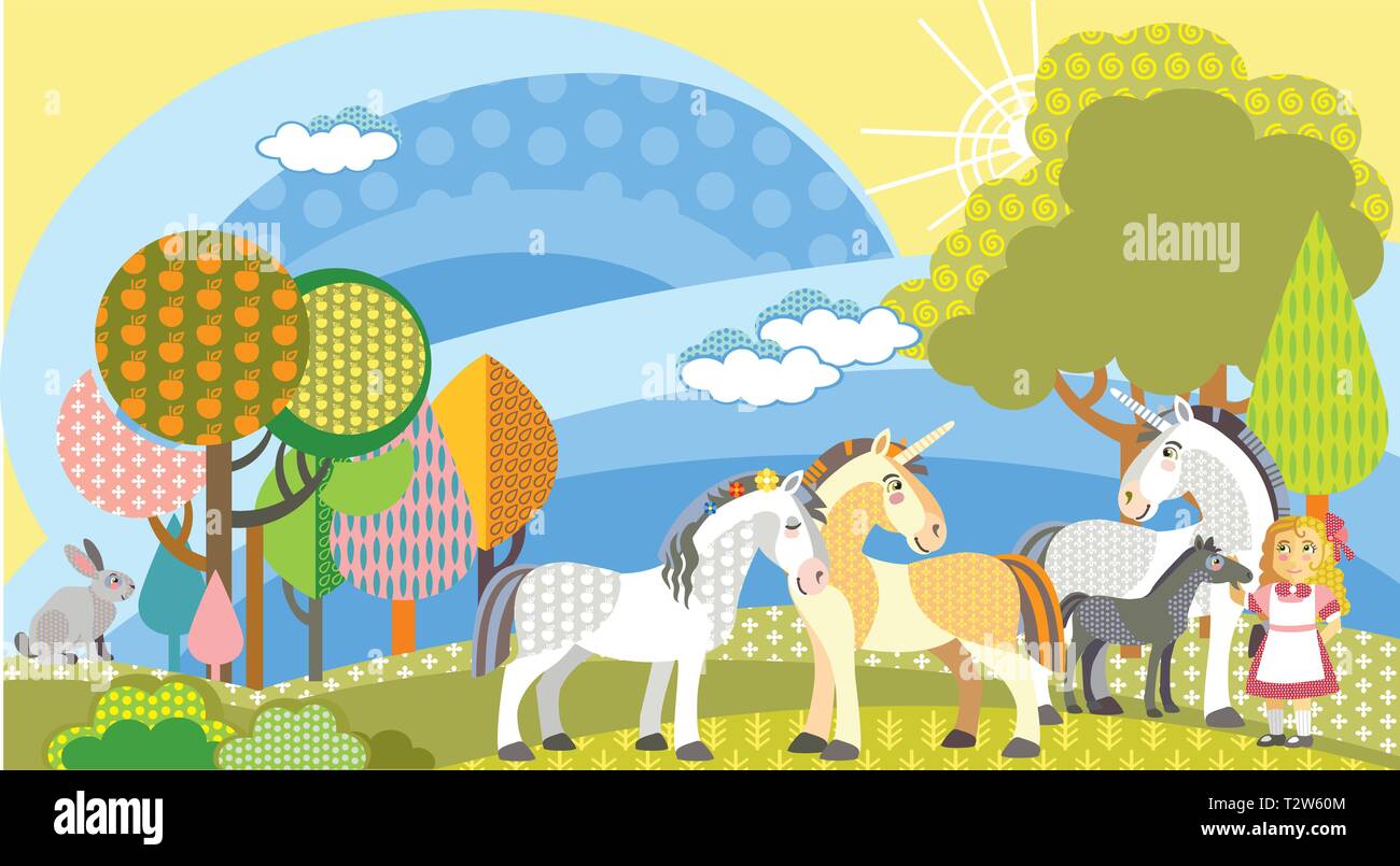 Bunt dekorativ cute unicornes, Kaninchen und ein Mädchen in der Wiese mit Bäumen. Vektor cartoon Flachbild Abbildung in verschiedenen Farben. Stock Vektor