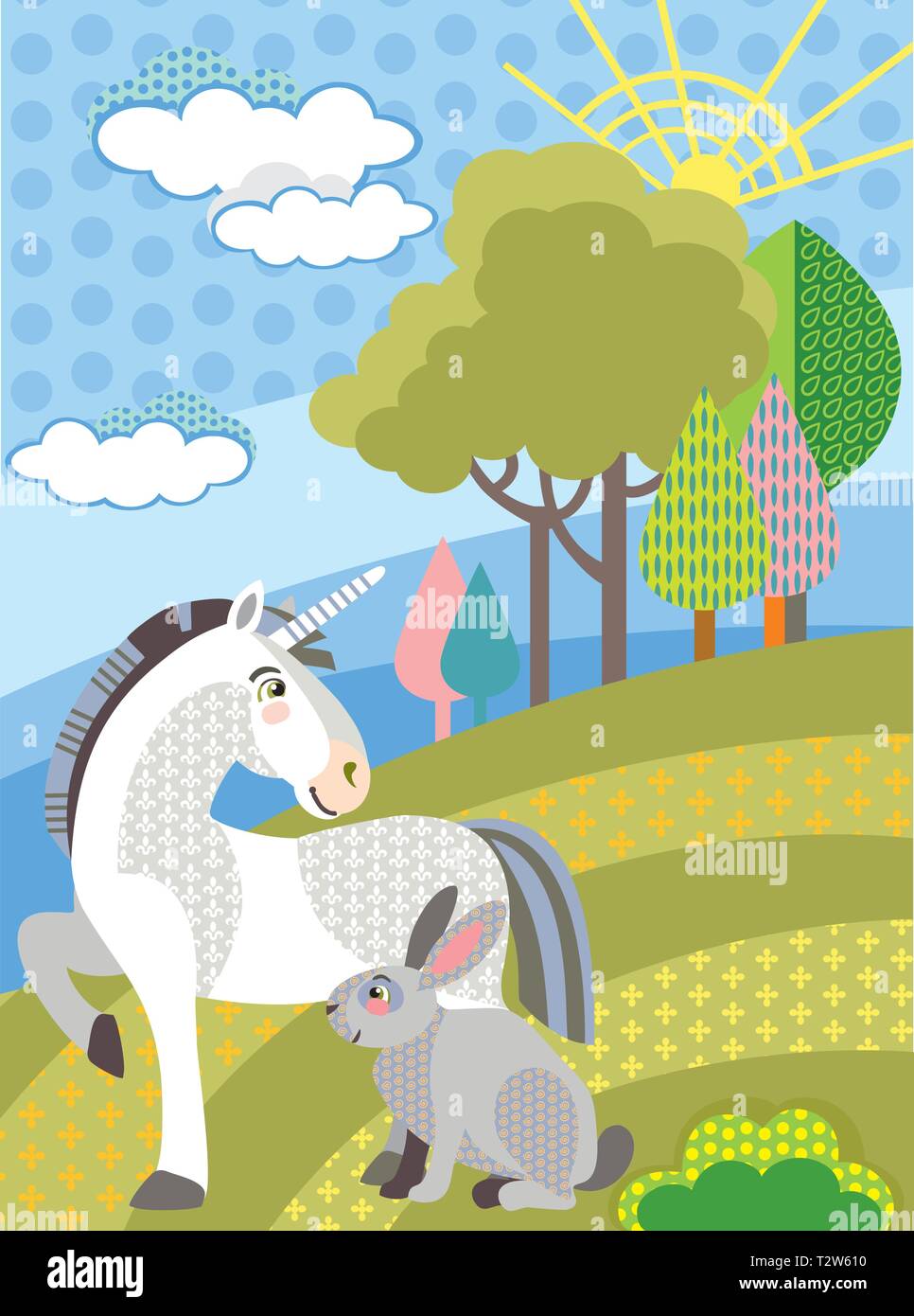 Bunt dekorativ niedlichen Einhorn und Kaninchen in der Wiese mit Bäumen. Vektor cartoon Flachbild Abbildung in verschiedenen Farben. Stock Vektor