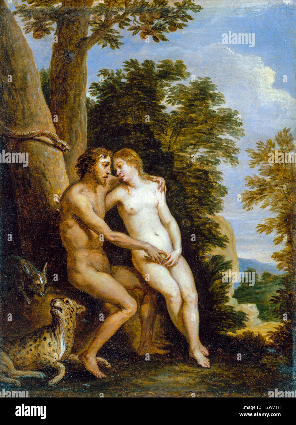 Adam und Eva im Paradies, Gemälde von David Teniers dem Jüngeren, um 1650 Stockfoto