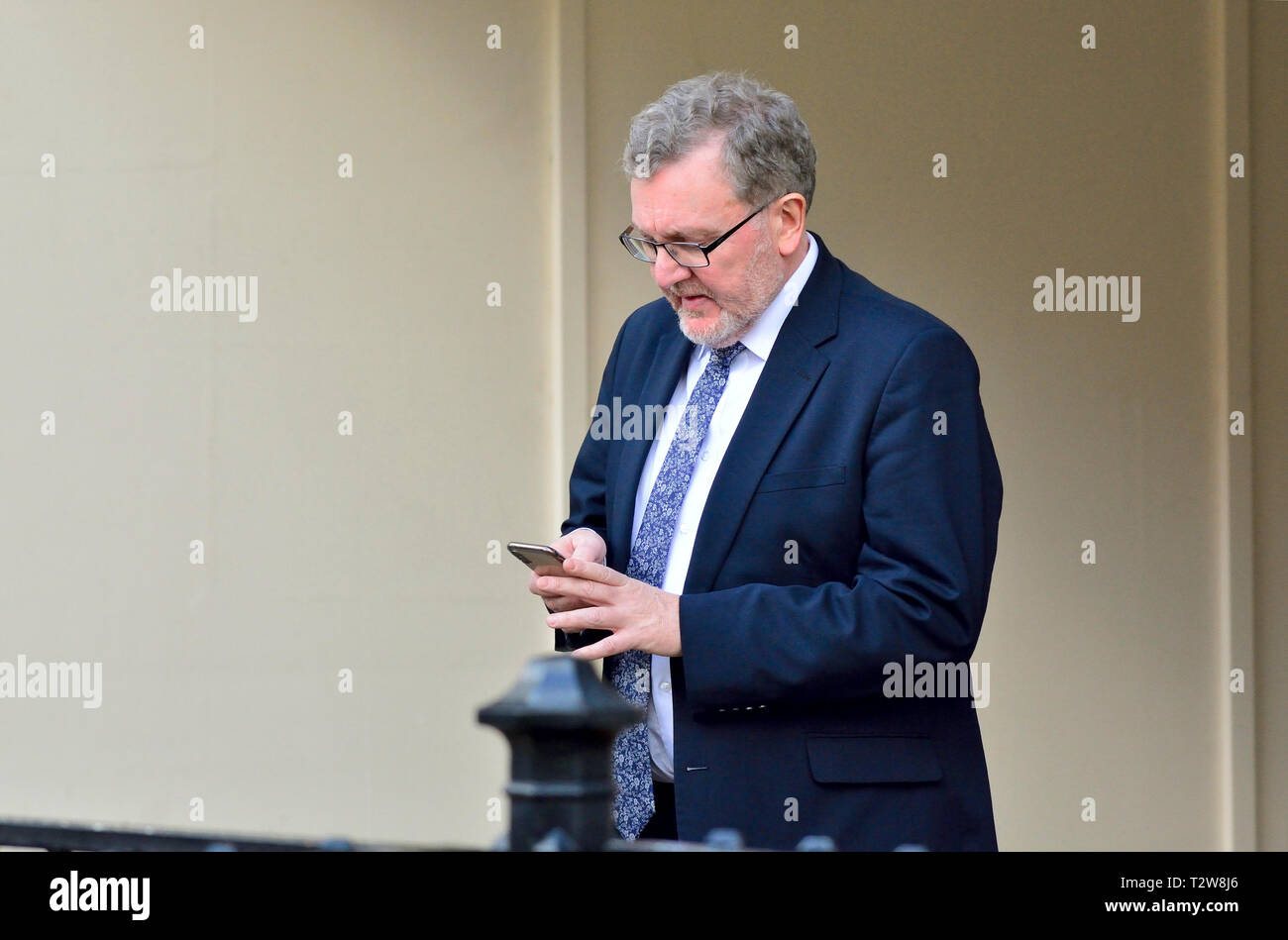 David Mundell MP (Con: Neu-isenburg, Clydesdale und Tweeddale) Minister für Schottland, außerhalb des Parlaments, April 2019 Stockfoto