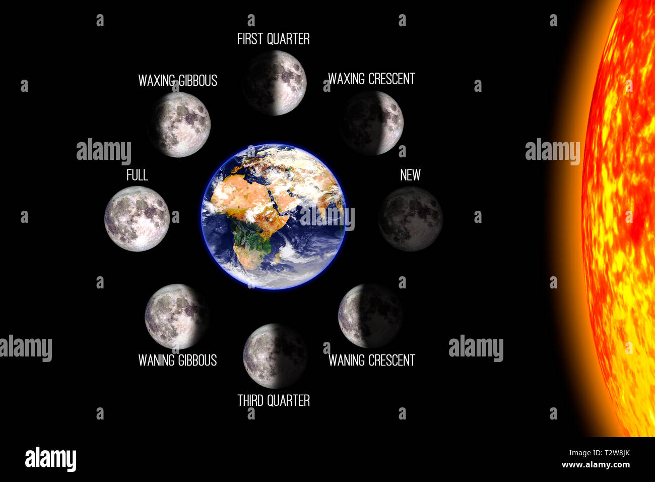 Mond oder Mondphasen Poster. Die acht Schritte des Mondzyklus um die Erde. Schwarzen Hintergrund. 3D-Render Abbildung mit Text. Erdoberfläche Textur Stockfoto