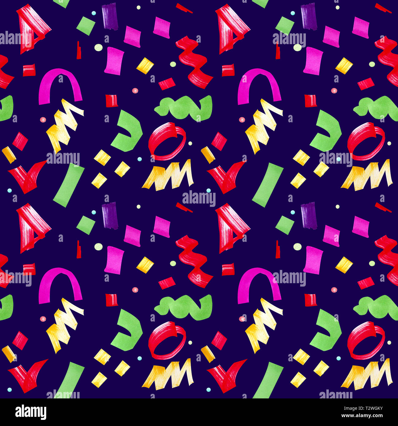 Festliche nahtlose Muster mit bunten Konfetti. Abstraktes Ornament auf dunkelblauem Hintergrund mit bunten geometrischen Formen. Stilvolle Verzierung fo Stockfoto