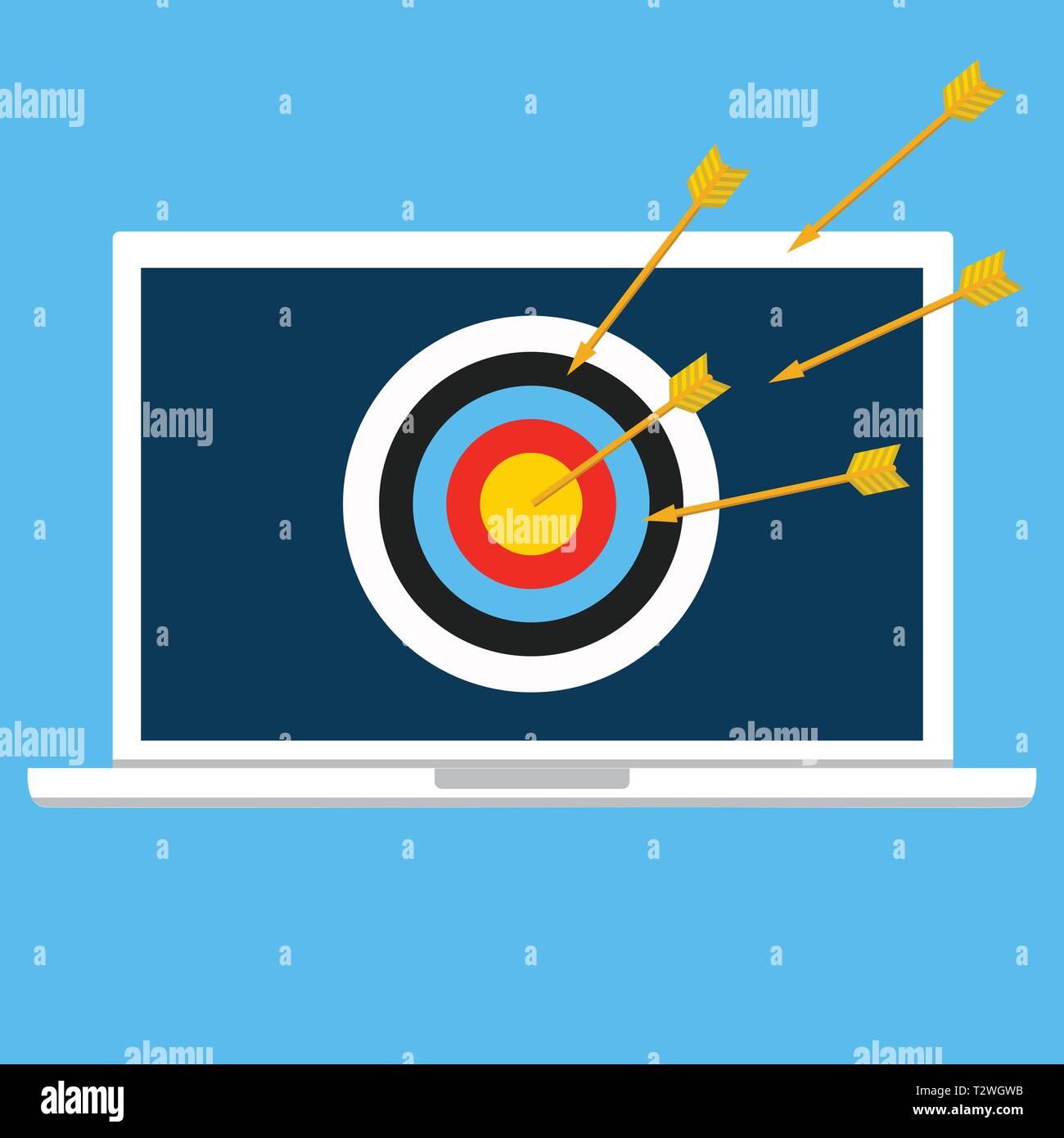 Vector Illustration Sicherheit, Datenschutz Konzept. Cyberkriminalität, Dos, DDOS-Attacke, Opfer Laptop Computer. Stock Vektor