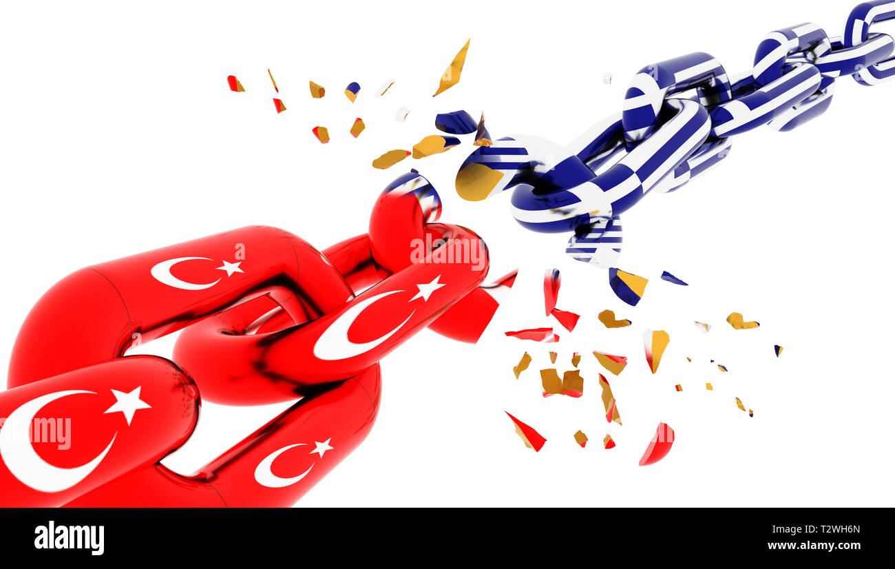 Türkei vs Griechenland griechische Krise Krieg gebrochene Kette Fahne - 3D-Rendering Stockfoto