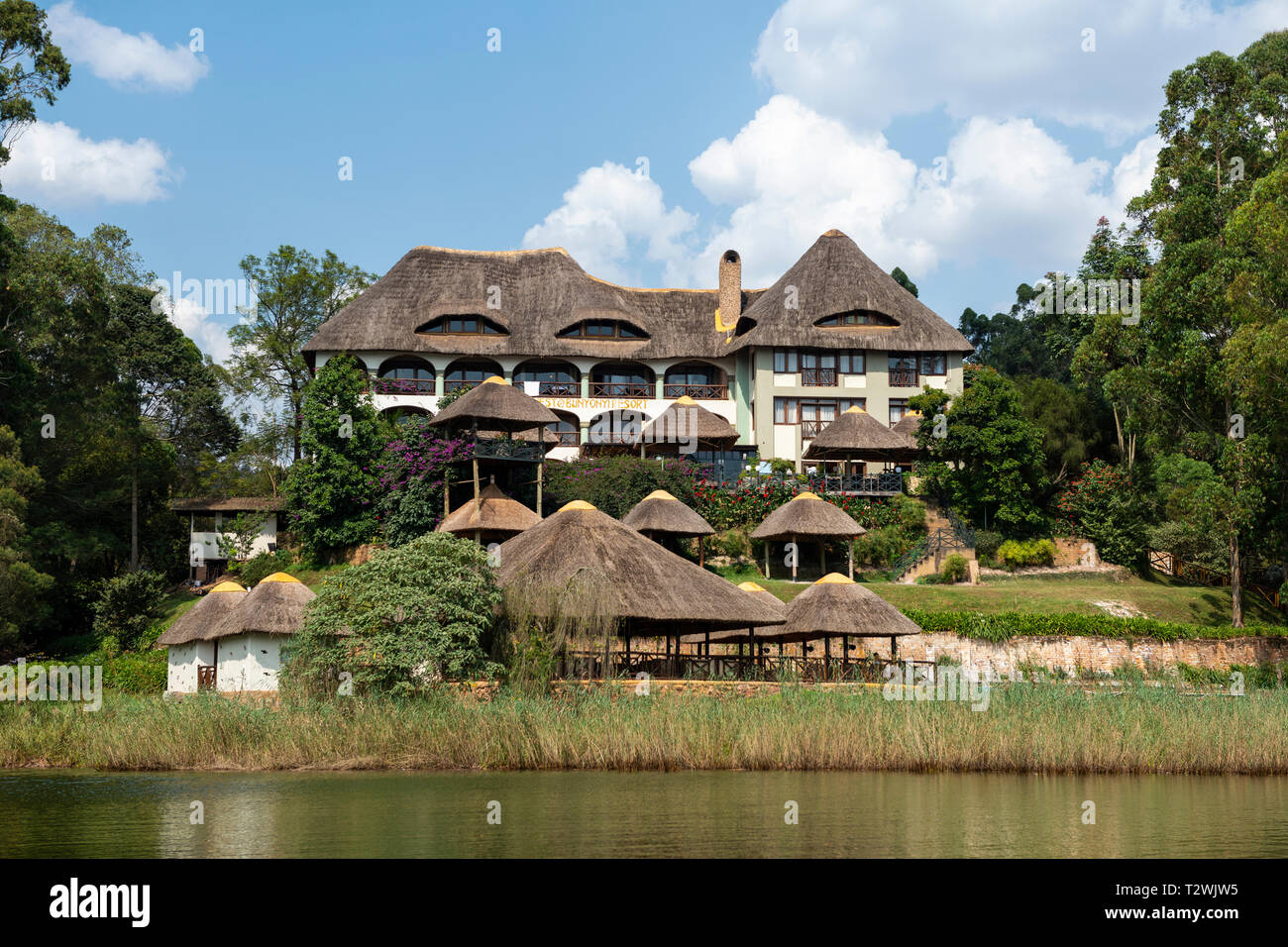 Birdnest Resort on Lake Bunyonyi im Südwesten von Uganda, Ostafrika Stockfoto