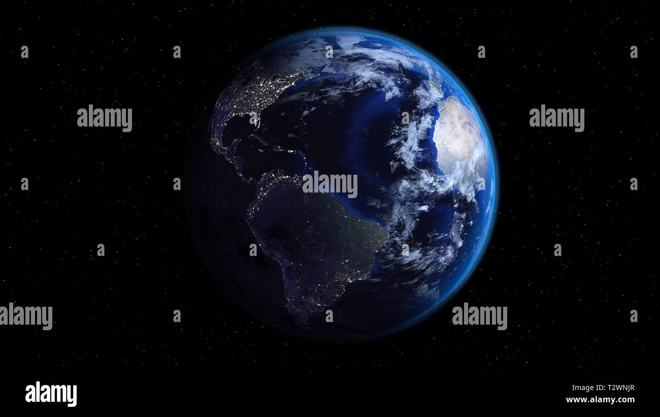 Planet Erde halbe Nacht und halber Tag mit City lights und Wolken im Raum mit Sternen. Nord- und Südamerika. Stockfoto