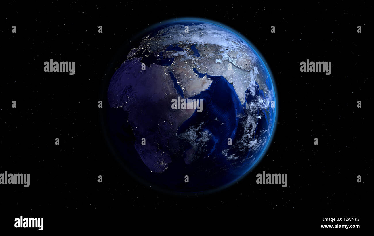 Planet Erde halbe Nacht und halber Tag mit City lights und Wolken im Raum mit Sternen. Afrika, Europa und Asien. Stockfoto