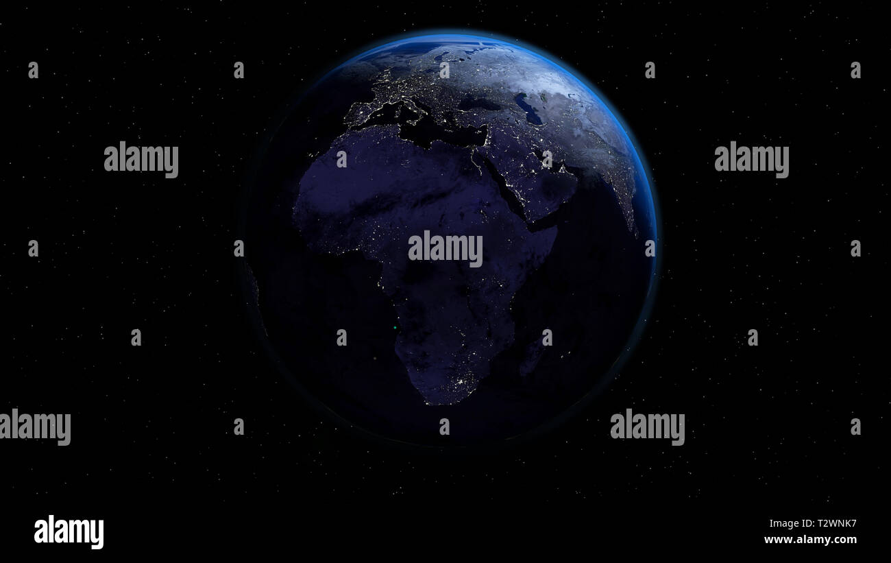 Der Planet Erde in der Nacht mit den Lichtern der Stadt im Raum mit Sternen. Afrika und Europa Seite. Stockfoto