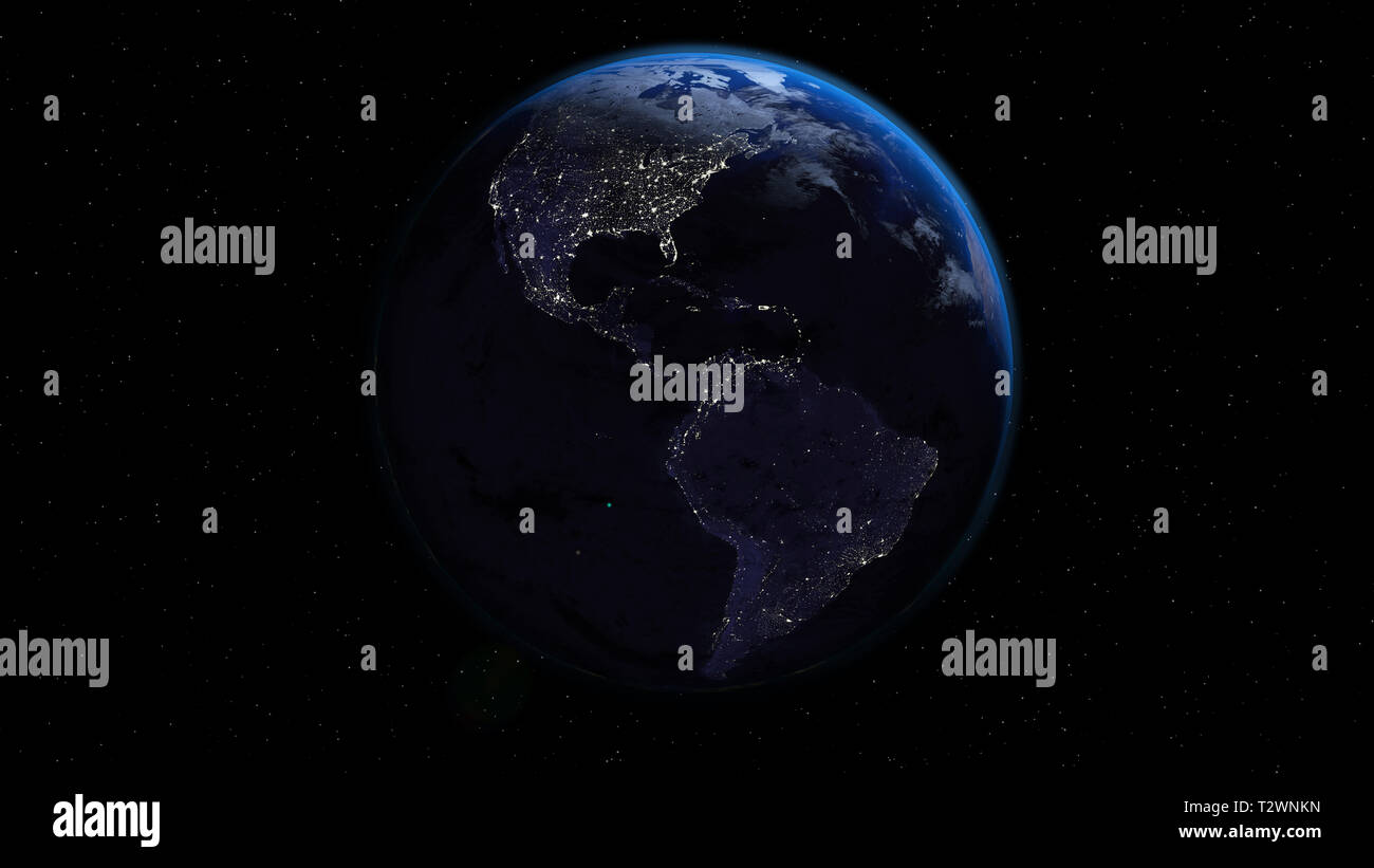 Der Planet Erde in der Nacht mit den Lichtern der Stadt im Raum mit Sternen. Nord- und Südamerika. Stockfoto