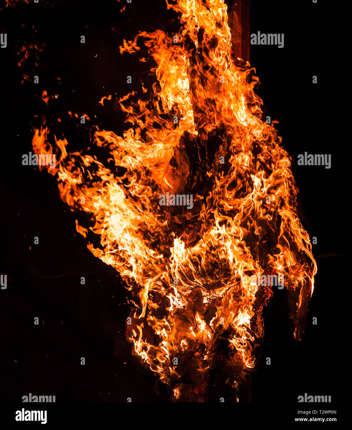 Lagerfeuer brennt in der Nacht auf schwarzem Hintergrund Stockfoto