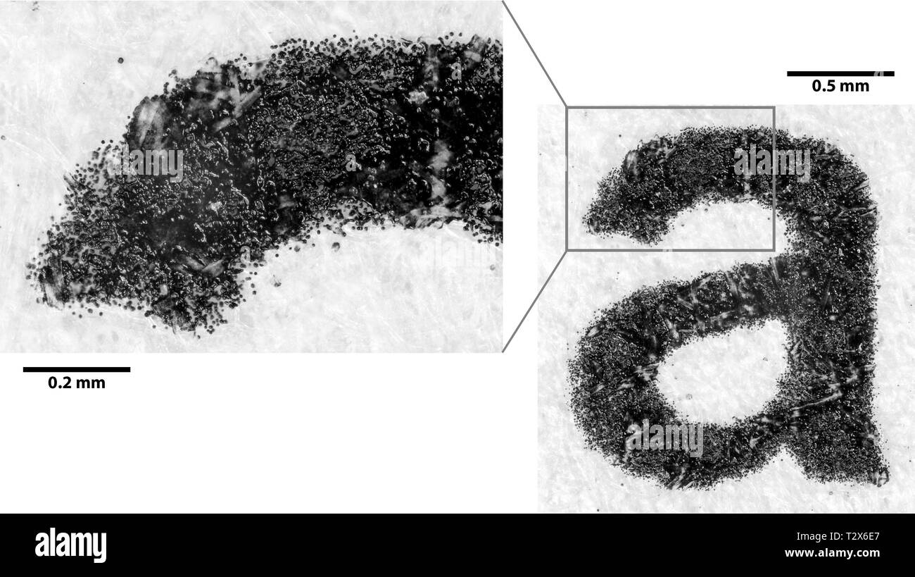Mikroskopische Foto von Laser Jet Druck auf Papier. Stockfoto