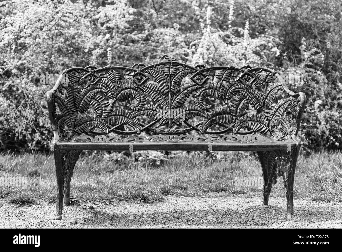 Eine komplizierte Farn Design steht auf dieser Schmiedeeisen Sitzbank auf der Biltmore Estate in Asheville, NC, USA Stockfoto