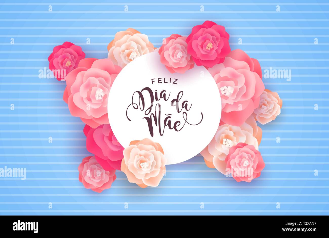 Muttertag Karte Abbildung für besondere Mom Urlaub in portugiesischer Sprache. Schöner Frühling rosa Blüten auf rosa Hintergrund mit Papier unterschreiben zitieren. Stock Vektor