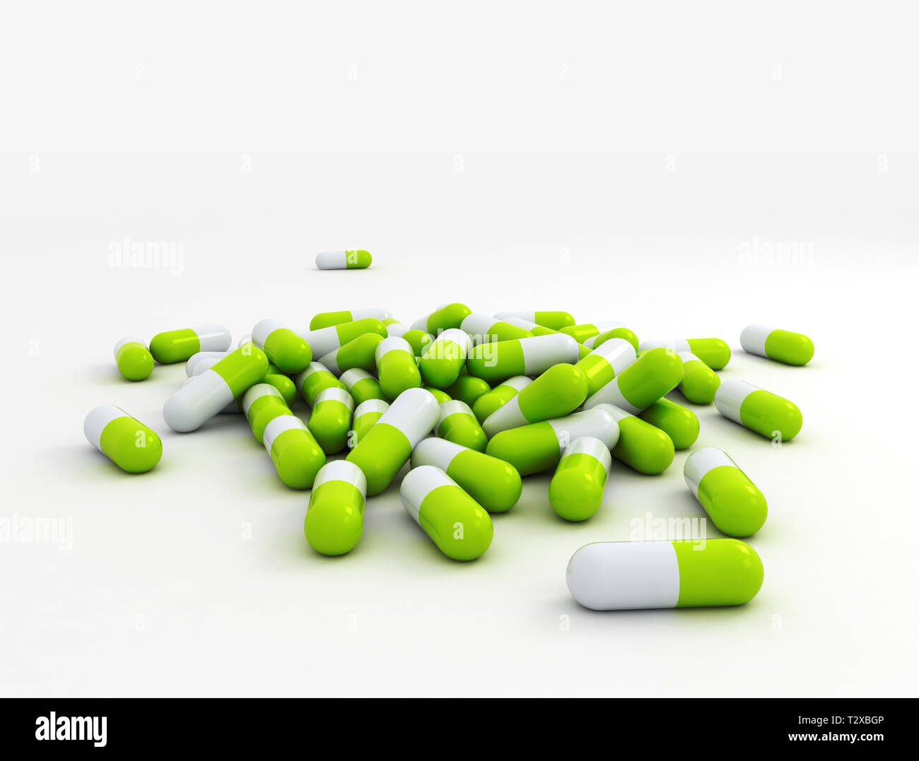 Grüne medizinische Pillen kleiner Haufen Nahaufnahme Hintergrund Stockfoto