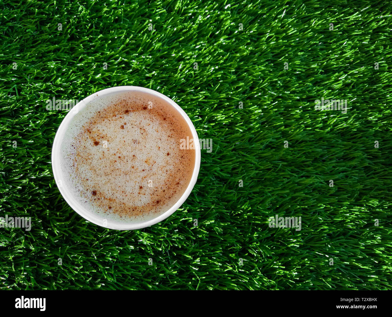 Papier Tasse Kaffee und Hafer Milch und Zimt auf grünen Kunstrasen rasen Hintergrund im Sonnenlicht Stockfoto