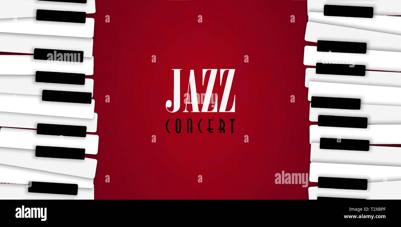 Jazz Konzert poster Abbildung: Klavier Tasten auf rote Farbe Hintergrund für live Musik Einladung oder Musical Festival. Stock Vektor
